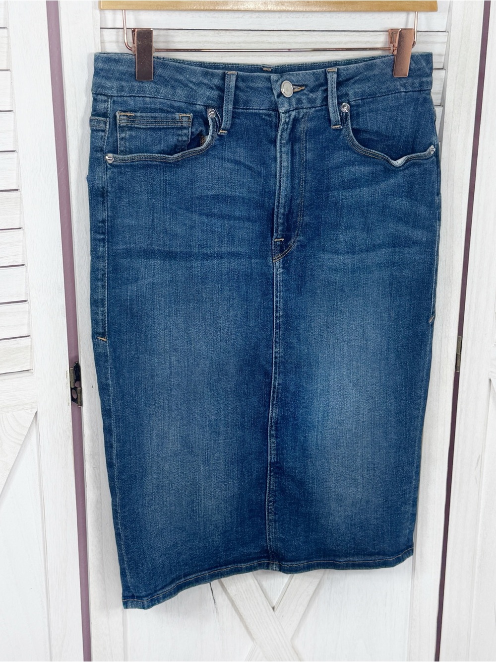 Good American Stretch Denim Pencil Skirt Blue Size 10 30 Knee Length Classic